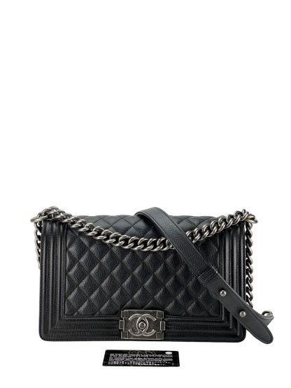 CHANEL - Medium Boy Flap Bag Black Caviar Metal Silver Hardware