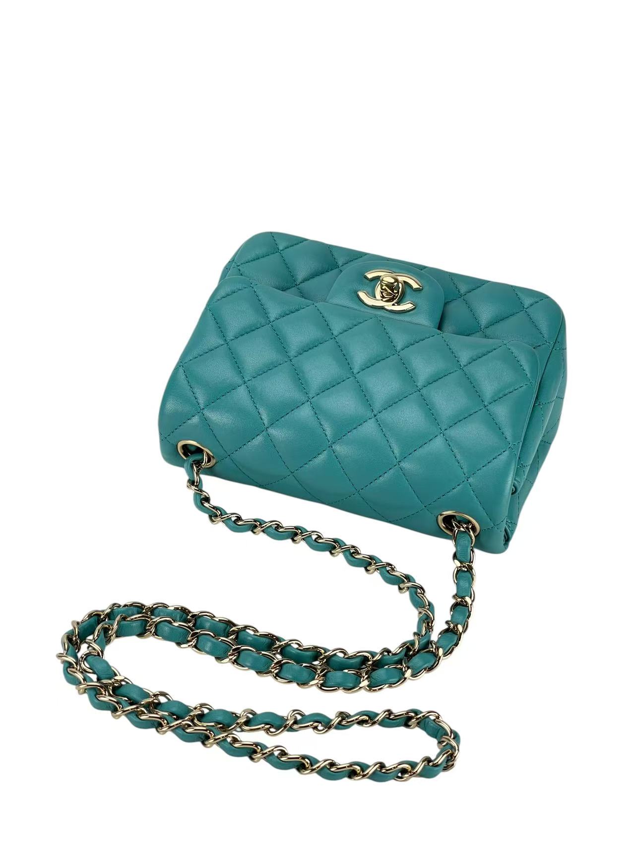 CHANEL - Green Lambskin Mini Classic Square Flap Shoulder Bag 17