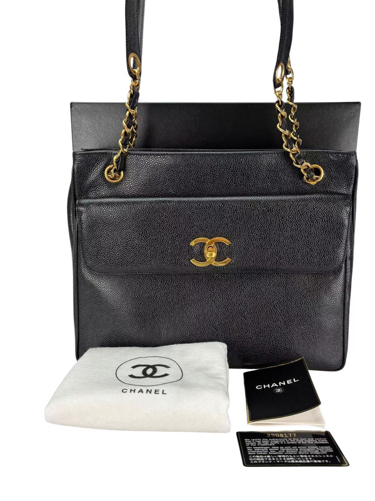 CHANEL - CC Logo Turn Lock Tote Black Caviar