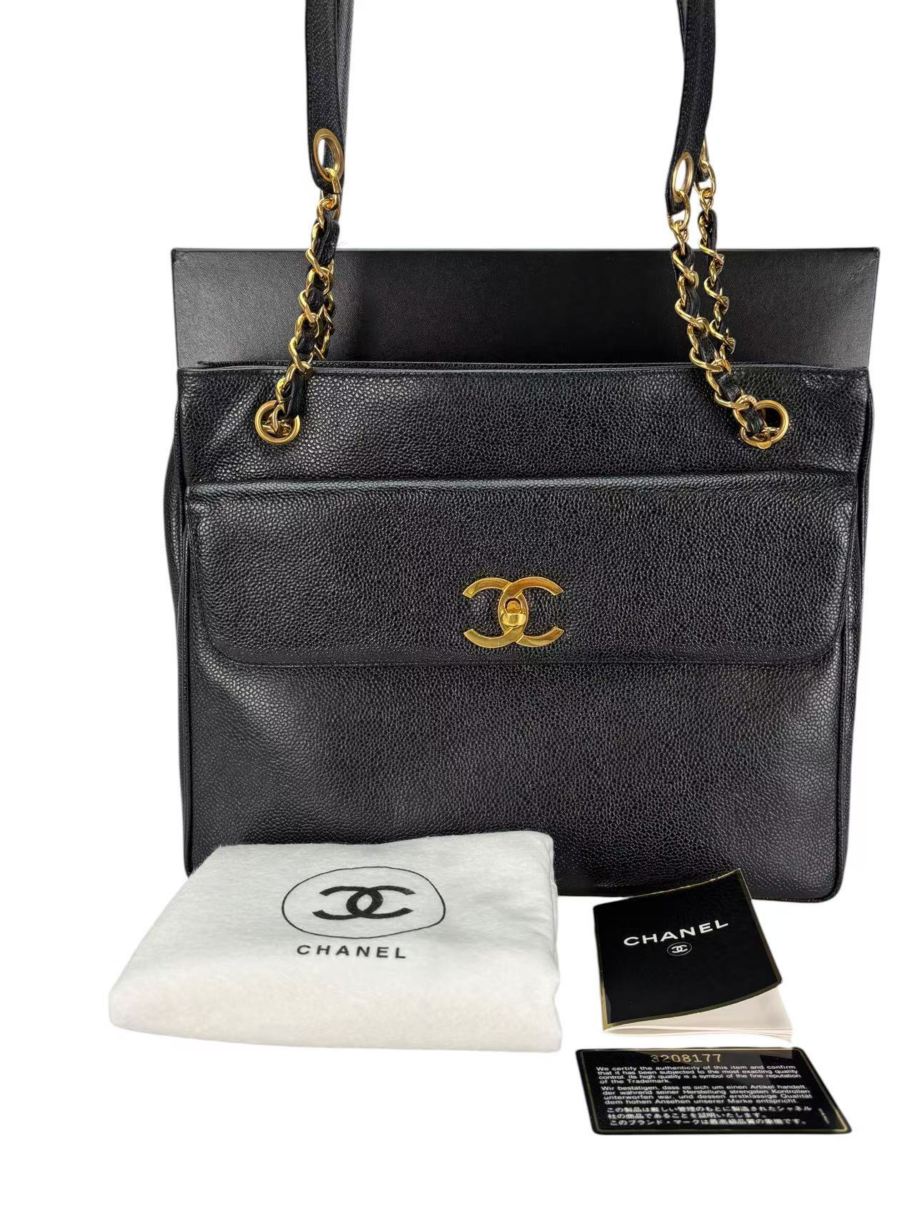 CHANEL - CC Logo Turn Lock Tote Black Caviar
