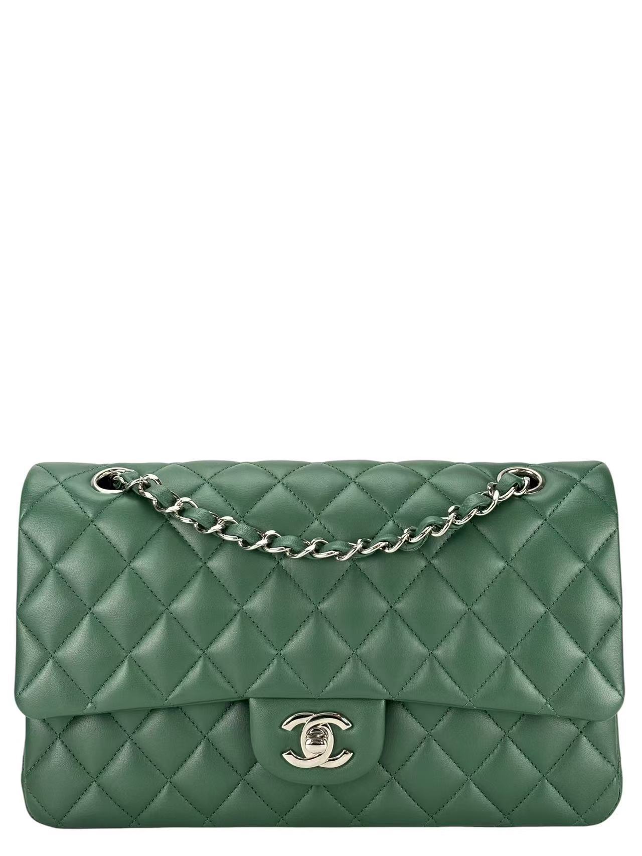 CHANEL - Medium Classic Double Flap Bag  Green Lambskin Silver Hardware (CF25)