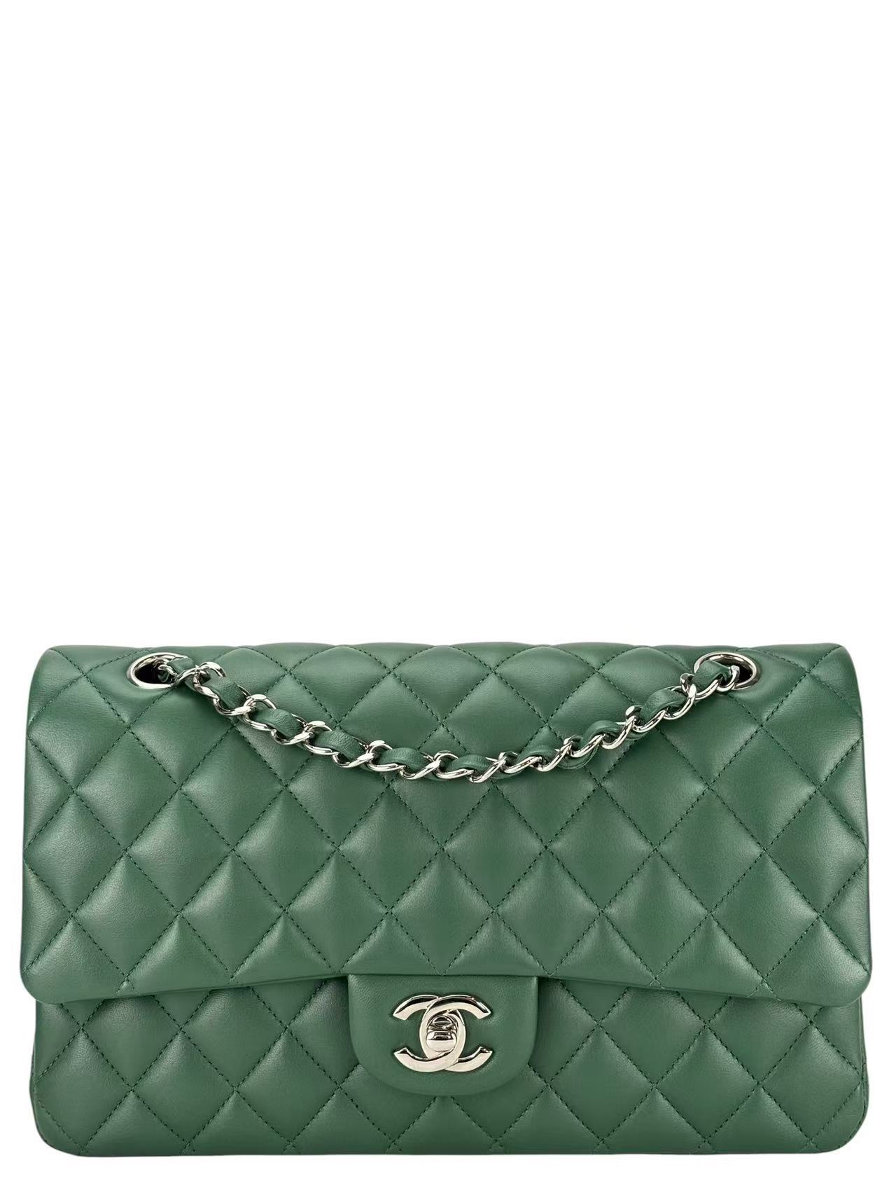CHANEL - Medium Classic Double Flap Bag  Green Lambskin Silver Hardware (CF25)