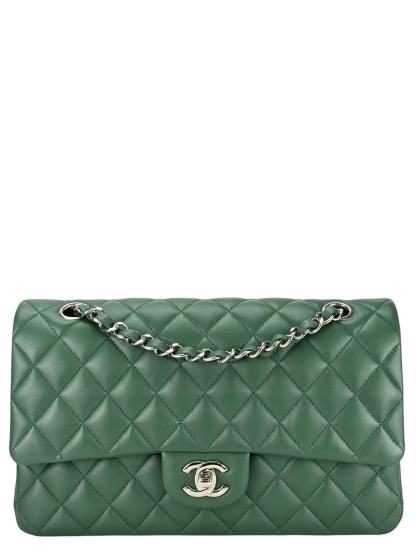CHANEL - Medium Classic Double Flap Bag  Green Lambskin Silver Hardware (CF25)