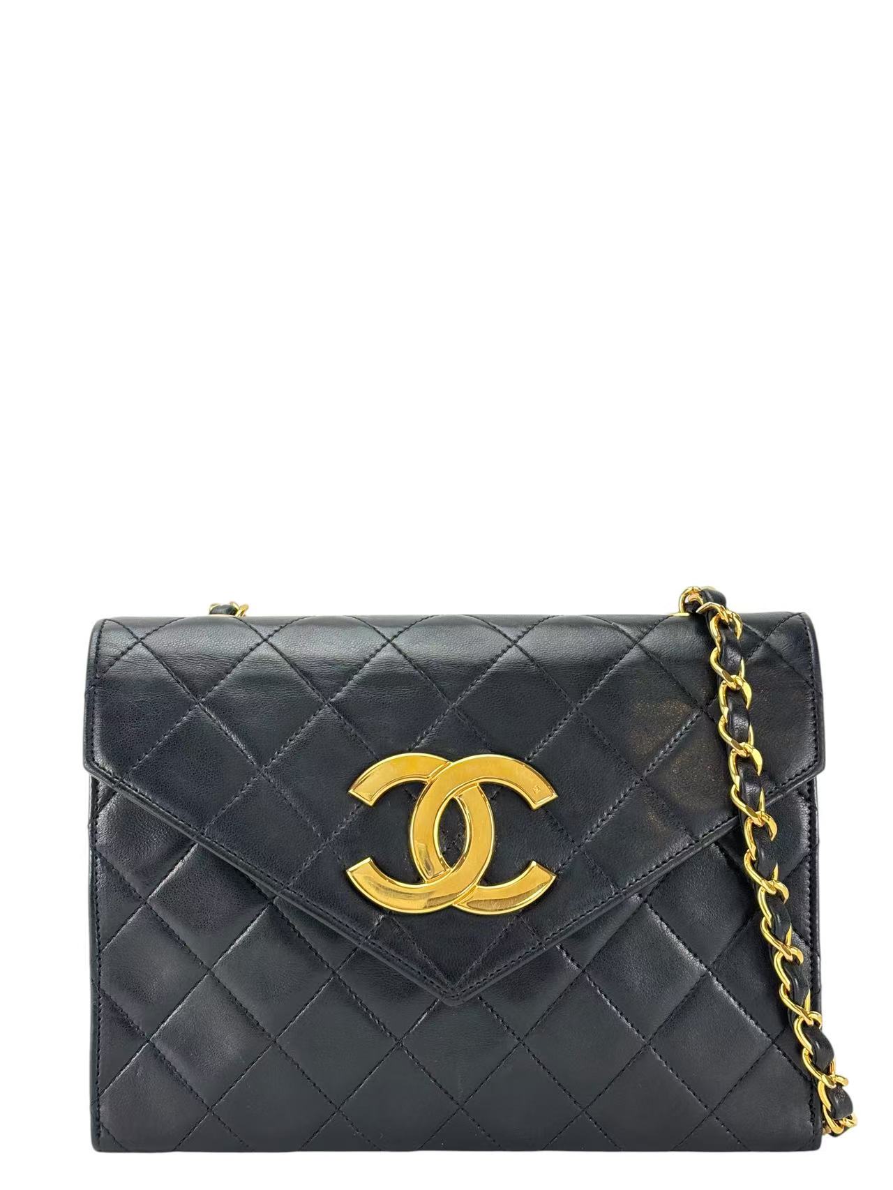 CHANEL - Big CC Logo Shoulder Bag Black Lambskin Gold Hardware