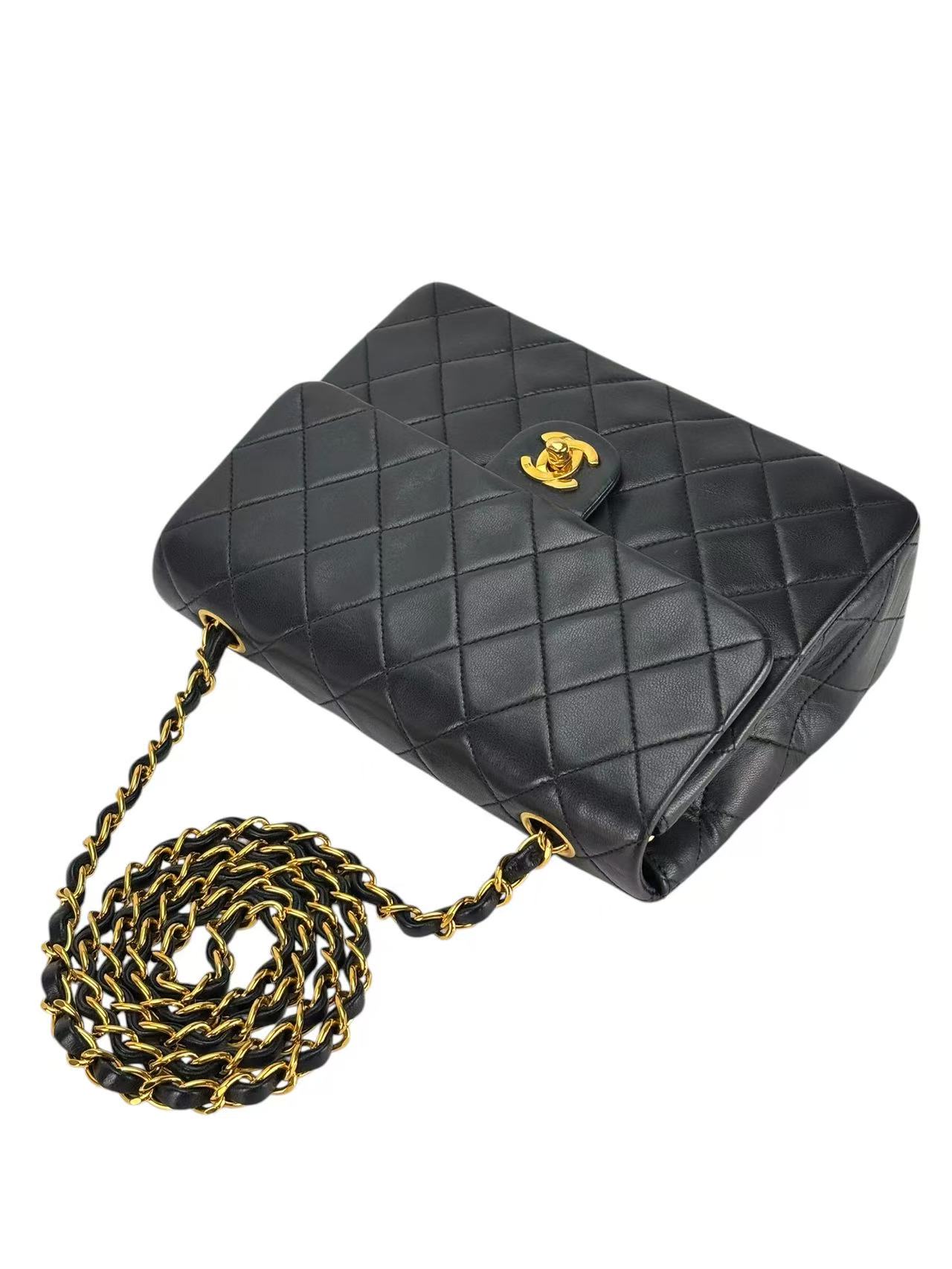 CHANEL - Black Lambskin Mini Classic Square Flap Shoulder Bag 20