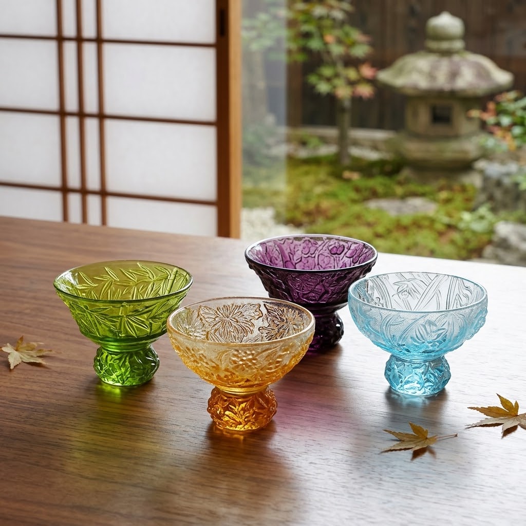 Crystal Sake Glass, Shot Glass (4 Designs), A Drink To Virtue, Bamboo/Chrysanthemum/Orchid/ Plum Blossom (Set of 4) 