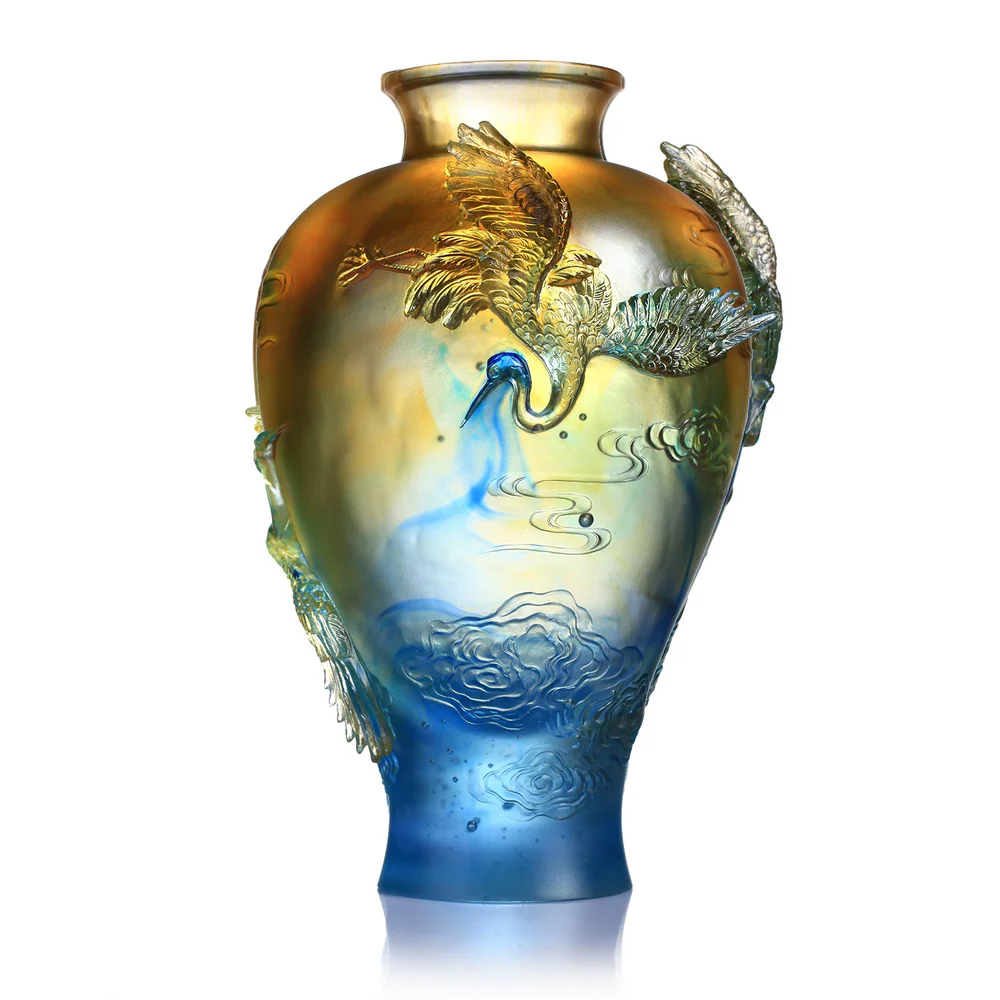 LIULI Crystal Floral Vase, Crane, Flight of Legacy