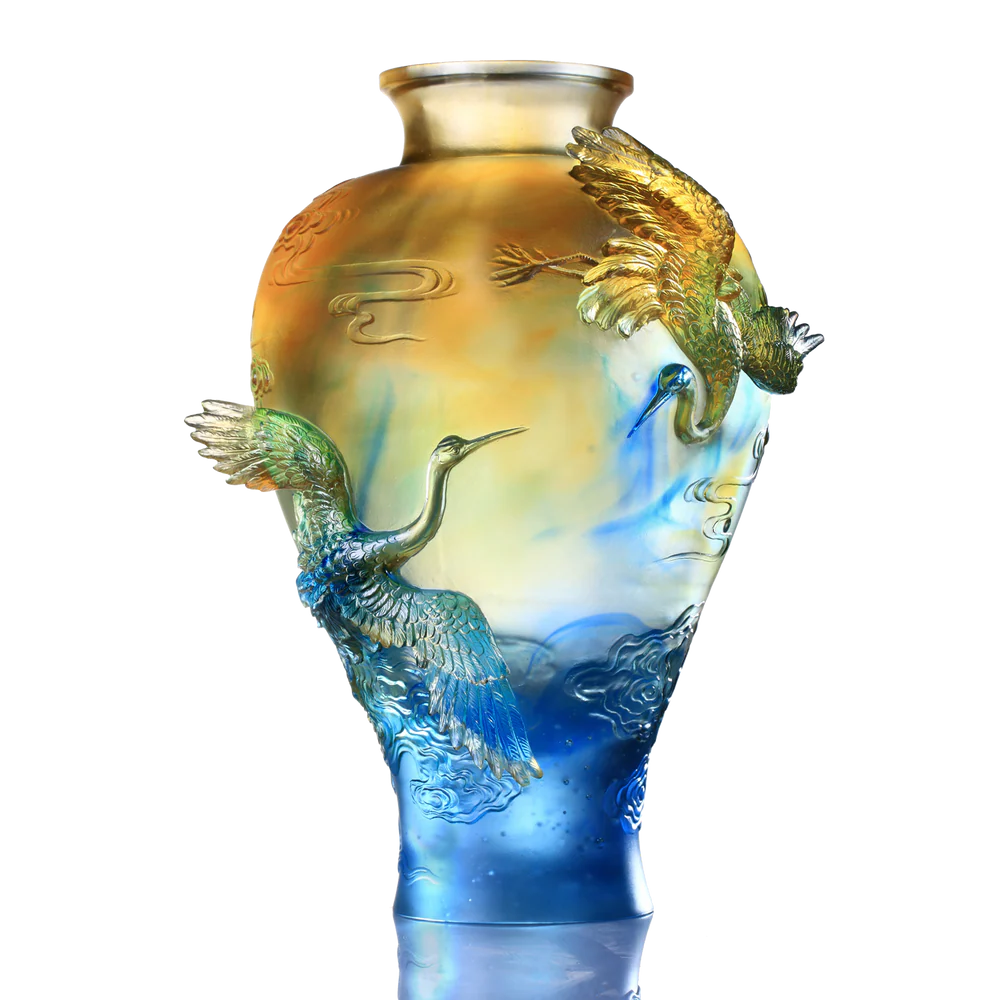 LIULI Crystal Floral Vase, Crane, Flight of Legacy