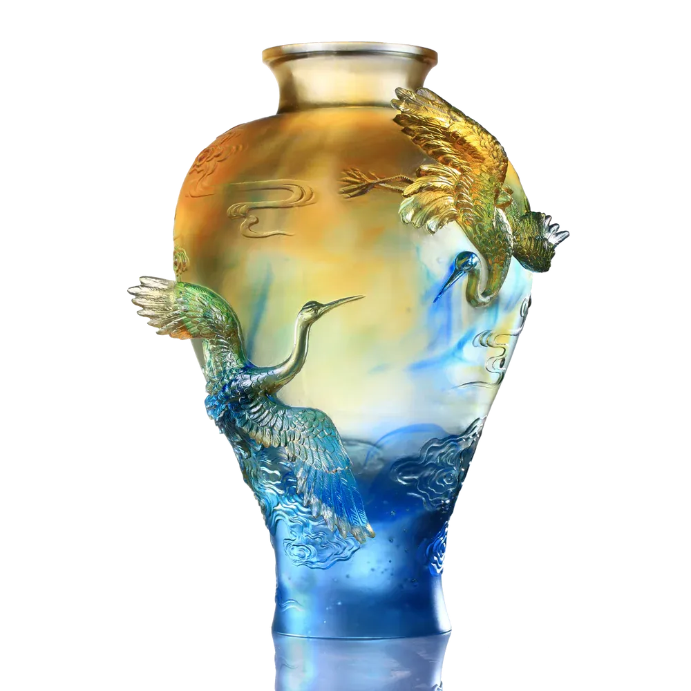 LIULI Crystal Floral Vase, Crane, Flight of Legacy