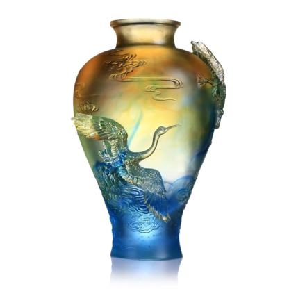 LIULI Crystal Floral Vase, Crane, Flight of Legacy