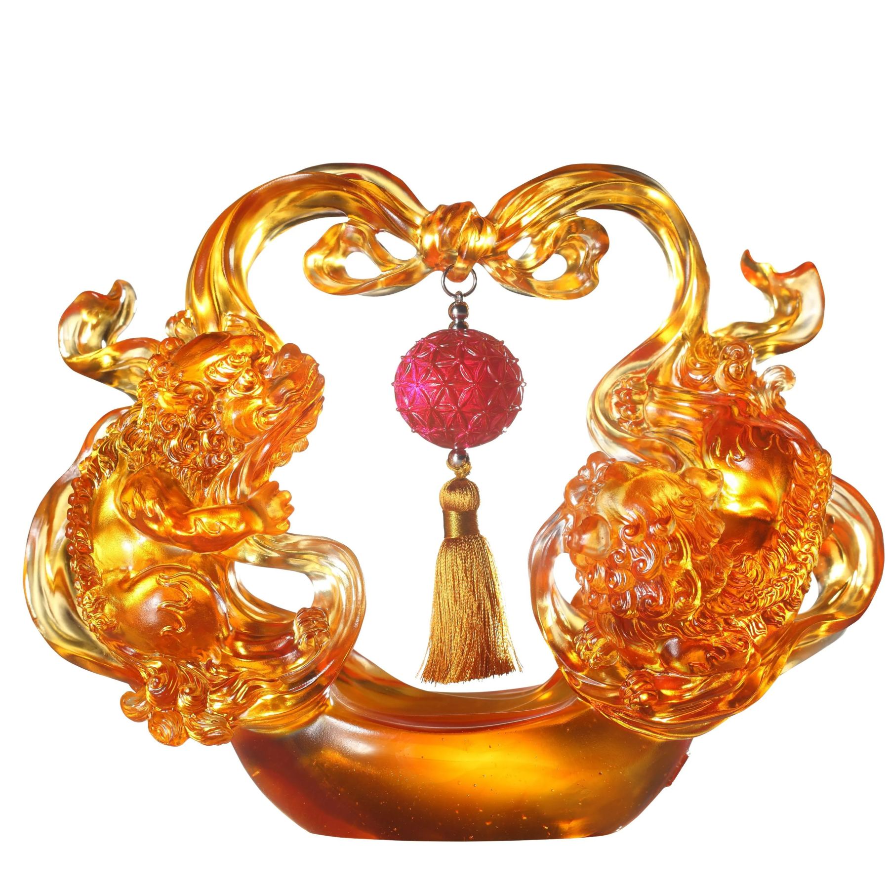 Chinese Guardian Lion, Crystal Sculpture, Embroidered Lion Dance