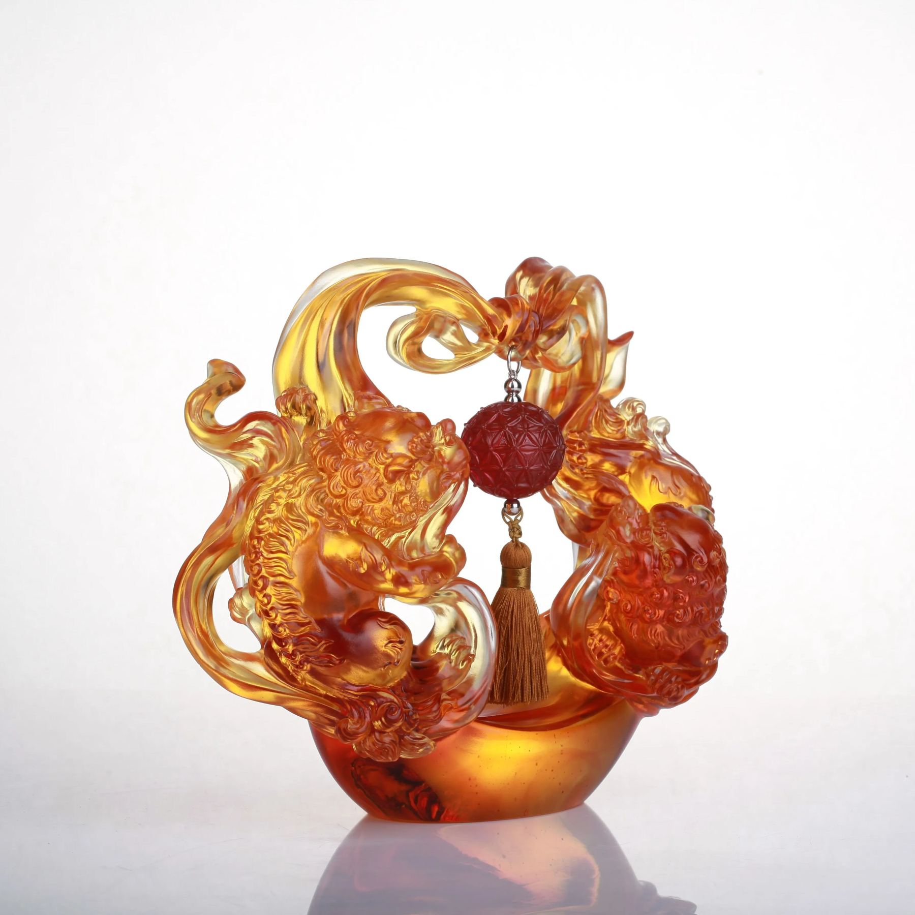 Chinese Guardian Lion, Crystal Sculpture, Embroidered Lion Dance