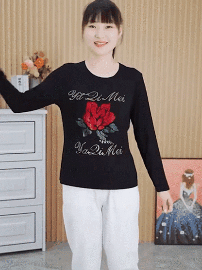長袖燙鑽顯瘦洋氣女裝打底衫