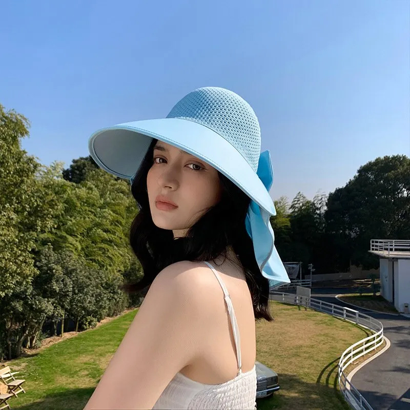 大簷防曬帽子女夏季出遊遮臉可紮馬尾空頂護頸遮陽帽透氣遮陽帽