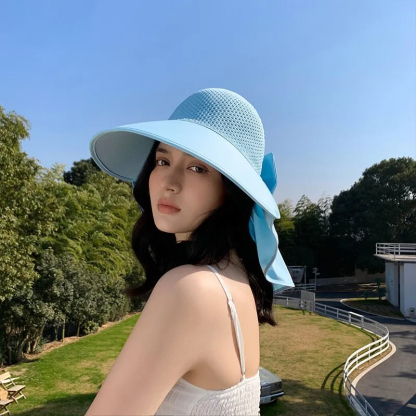 大簷防曬帽子女夏季出遊遮臉可紮馬尾空頂護頸遮陽帽透氣遮陽帽