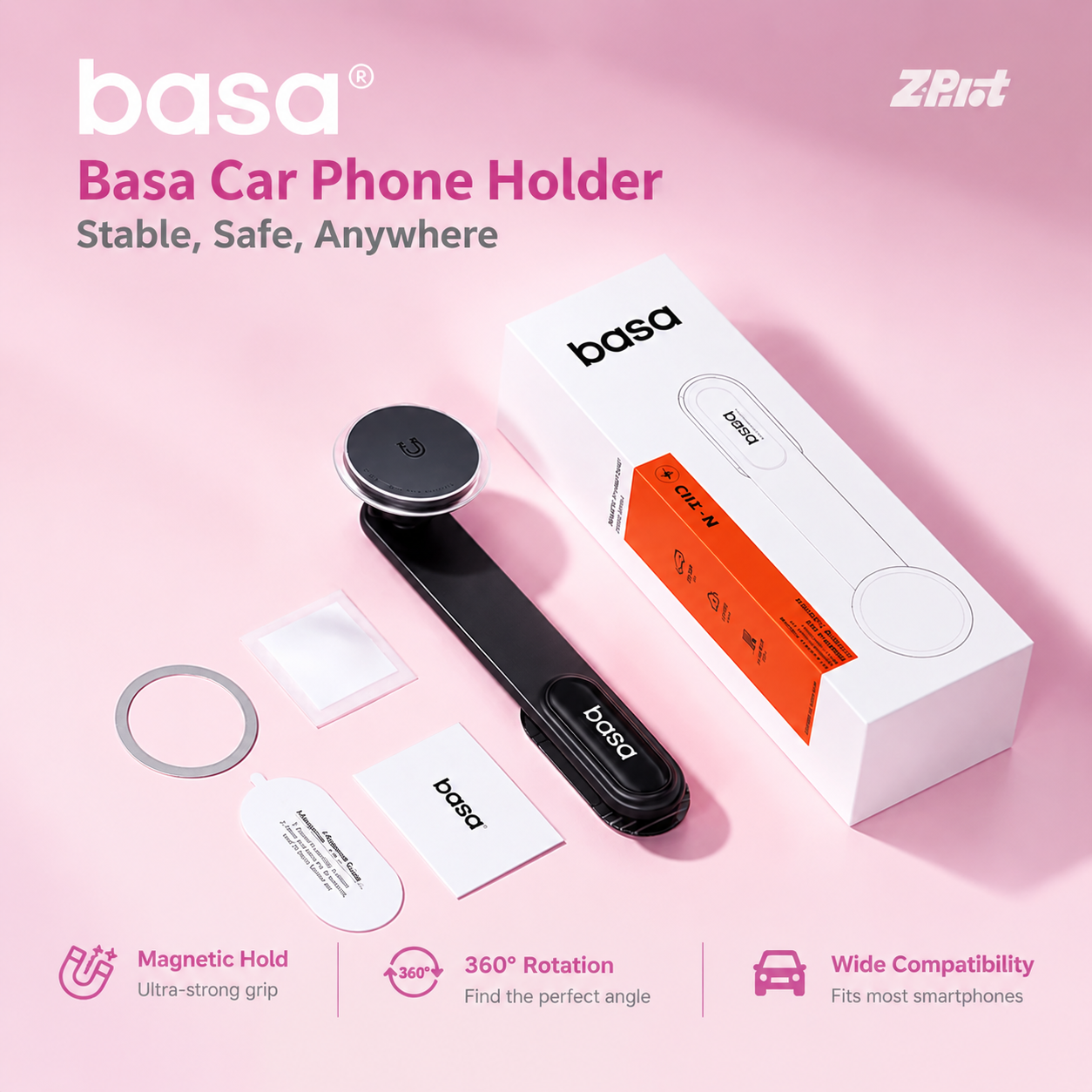 basa Magnetic Car Phone Holder – 360° Rotatable Wireless Charging Car Mount for Secure Hands-Free Driving