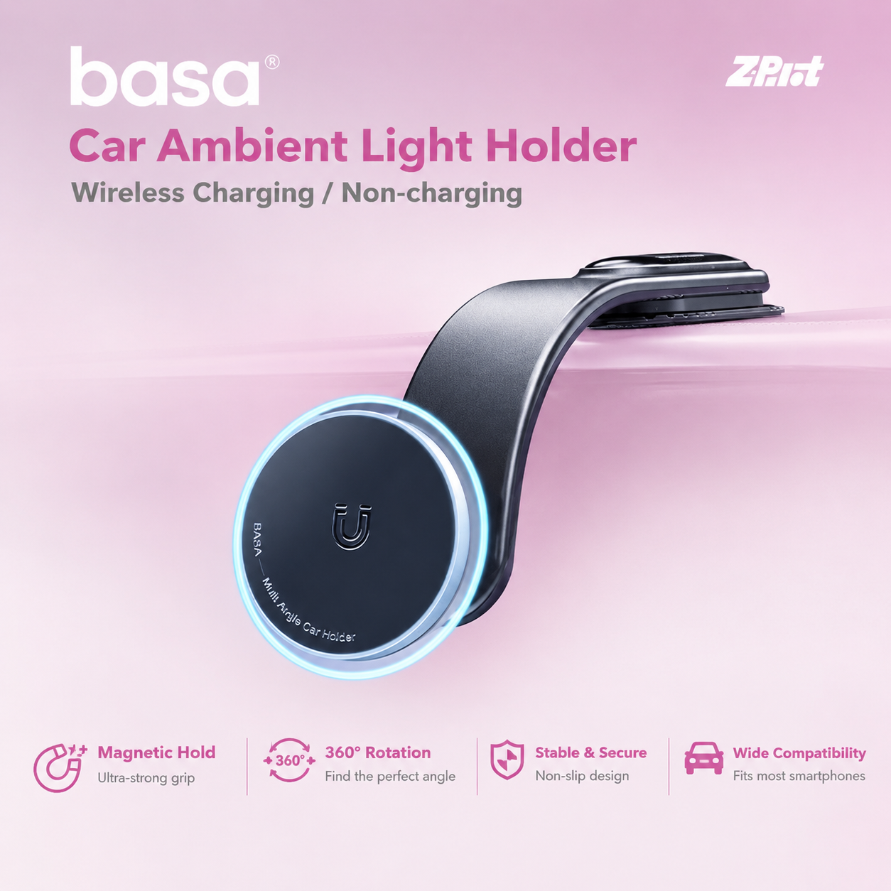 basa Magnetic Car Phone Holder – 360° Rotatable Wireless Charging Car Mount for Secure Hands-Free Driving