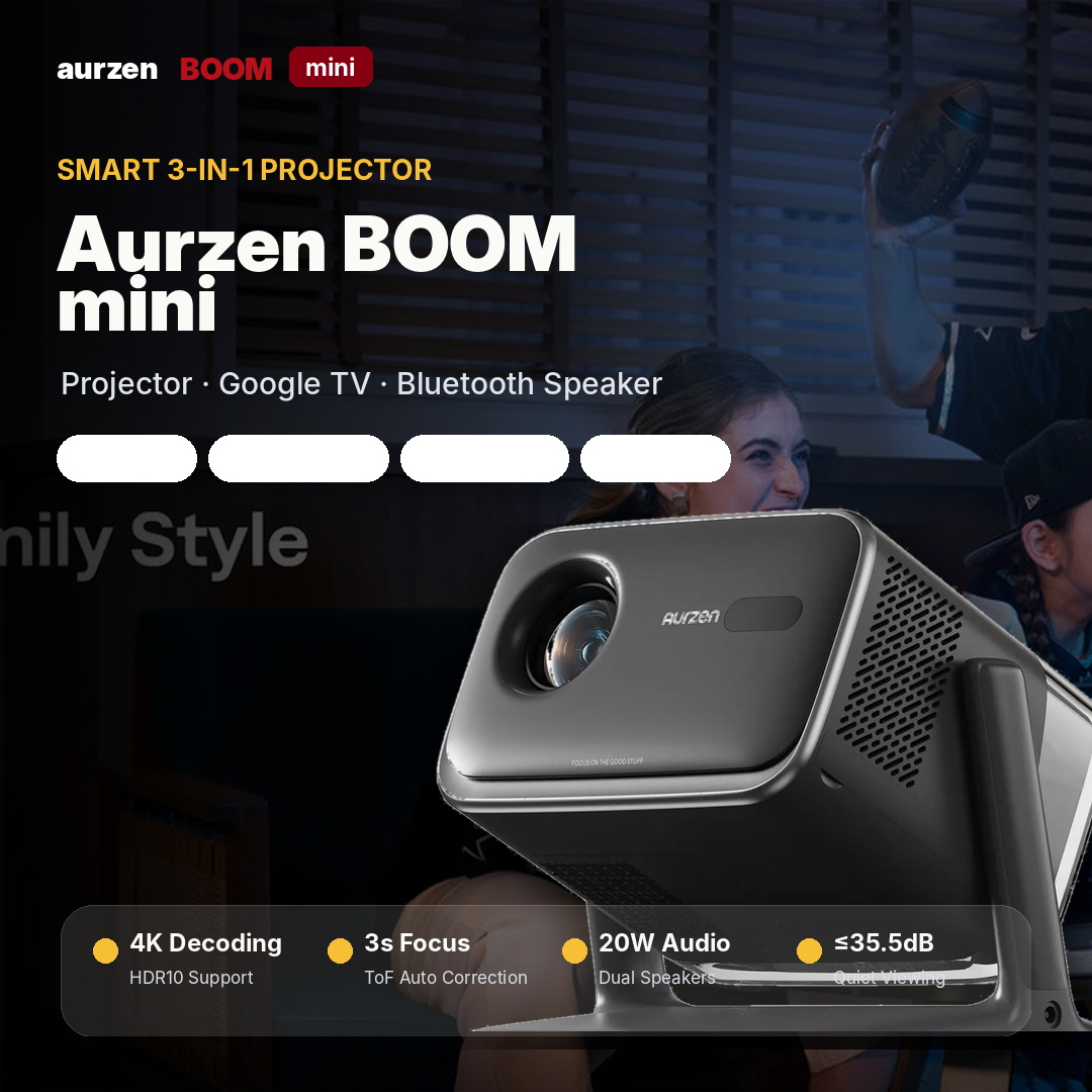 Aurzen BOOM mini Smart Projector, 500 ANSI Native 1080P Google TV Projector with Dolby Audio, Auto Focus, Keystone Correction & 110° Adjustable Stand for Home Cinema and Outdoor Movies