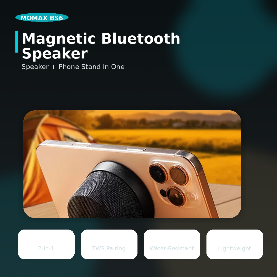 MOMAX BS6 Magnetic Bluetooth Speaker | MagSafe-Compatible Mini Speaker & Phone Stand