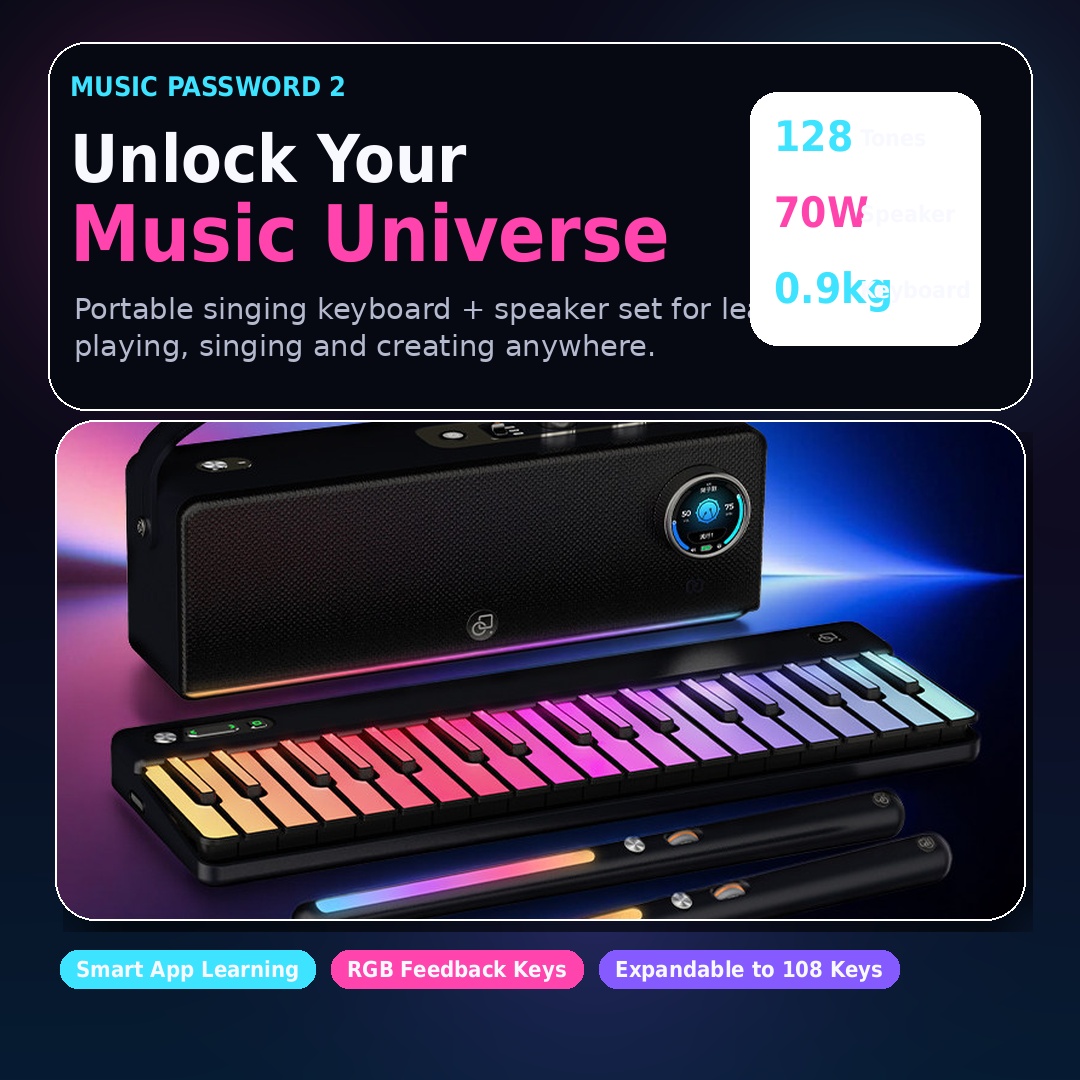 Music Password 2 Portable Singing Keyboard & Speaker Set | 70W Bluetooth Speaker with 128 Tones & RGB Keys
