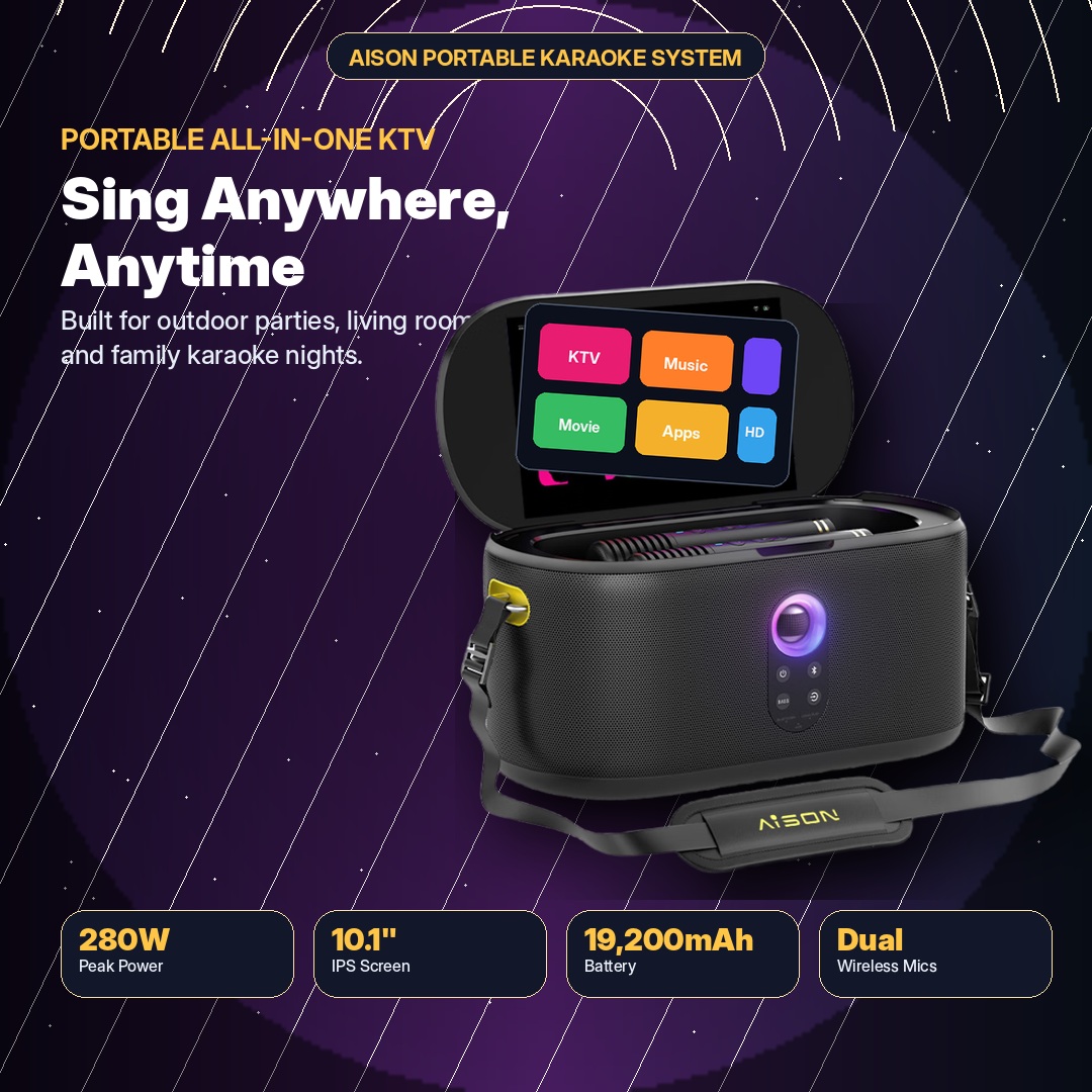 Portable Karaoke Machine with 10.1” Touch Screen, 280W Peak Sound, Dual Wireless Mics & HDMI Output for Home KTV, Outdoor Party and Family Entertainment