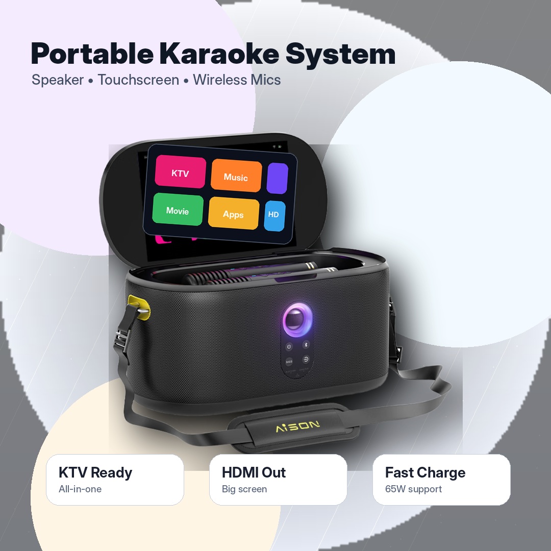 Portable Karaoke Machine with 10.1” Touch Screen, 280W Peak Sound, Dual Wireless Mics & HDMI Output for Home KTV, Outdoor Party and Family Entertainment