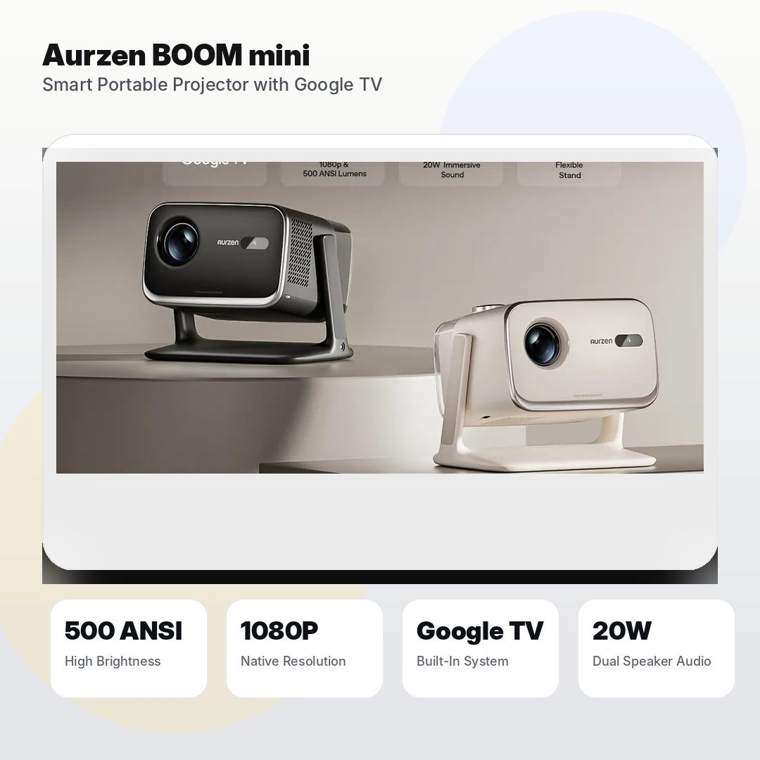 Aurzen BOOM mini Smart Projector, 500 ANSI Native 1080P Google TV Projector with Dolby Audio, Auto Focus, Keystone Correction & 110° Adjustable Stand for Home Cinema and Outdoor Movies