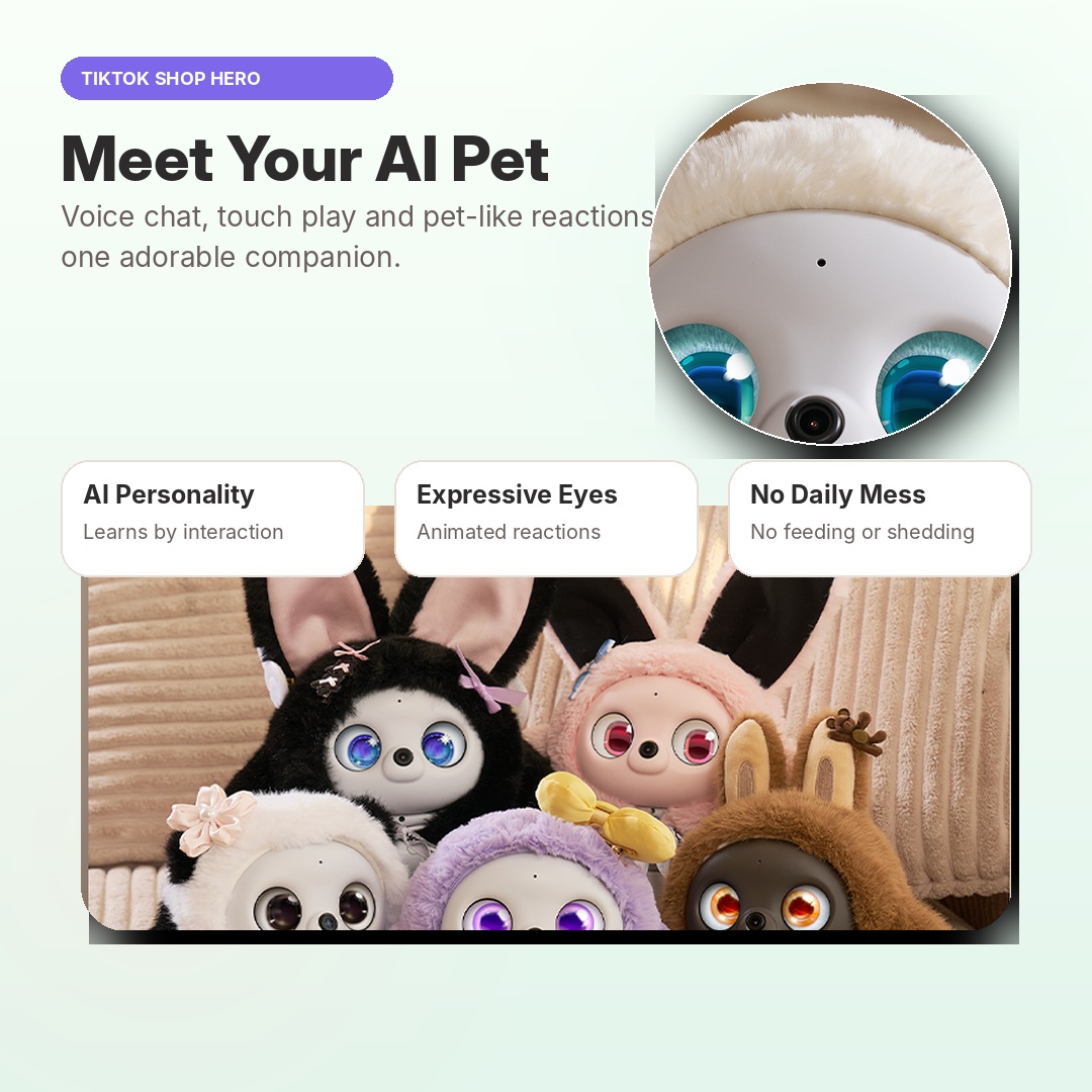 Ropet AI Pet Companion, Touch-Responsive Digital Pet Robot with Voice Chat, AI Memory, Expressive Eyes & Soft Plush Styling for Desk, Bedroom and Everyday Companionship