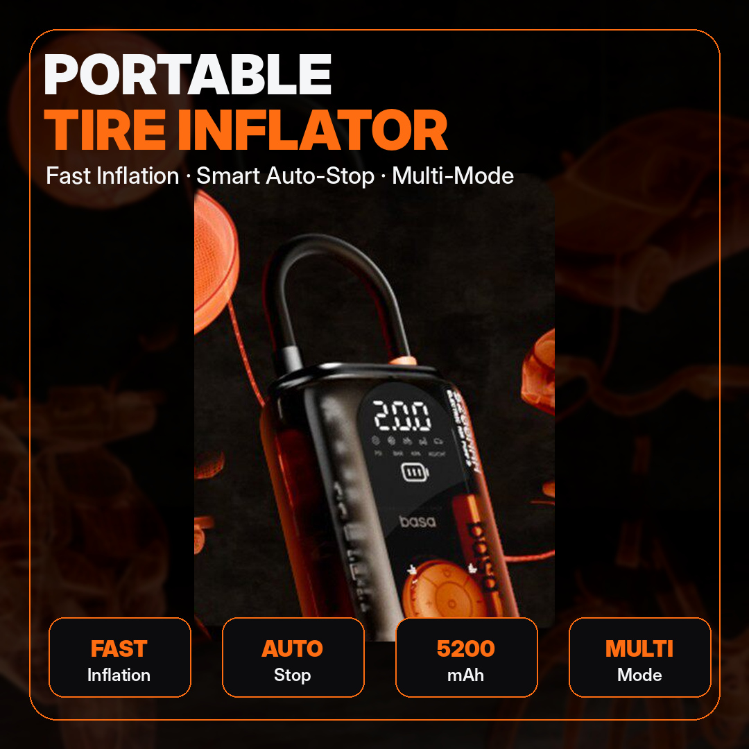 basa 5200mAh Cordless Tire Inflator | Portable Air Compressor for Car, Bike & Sports Balls