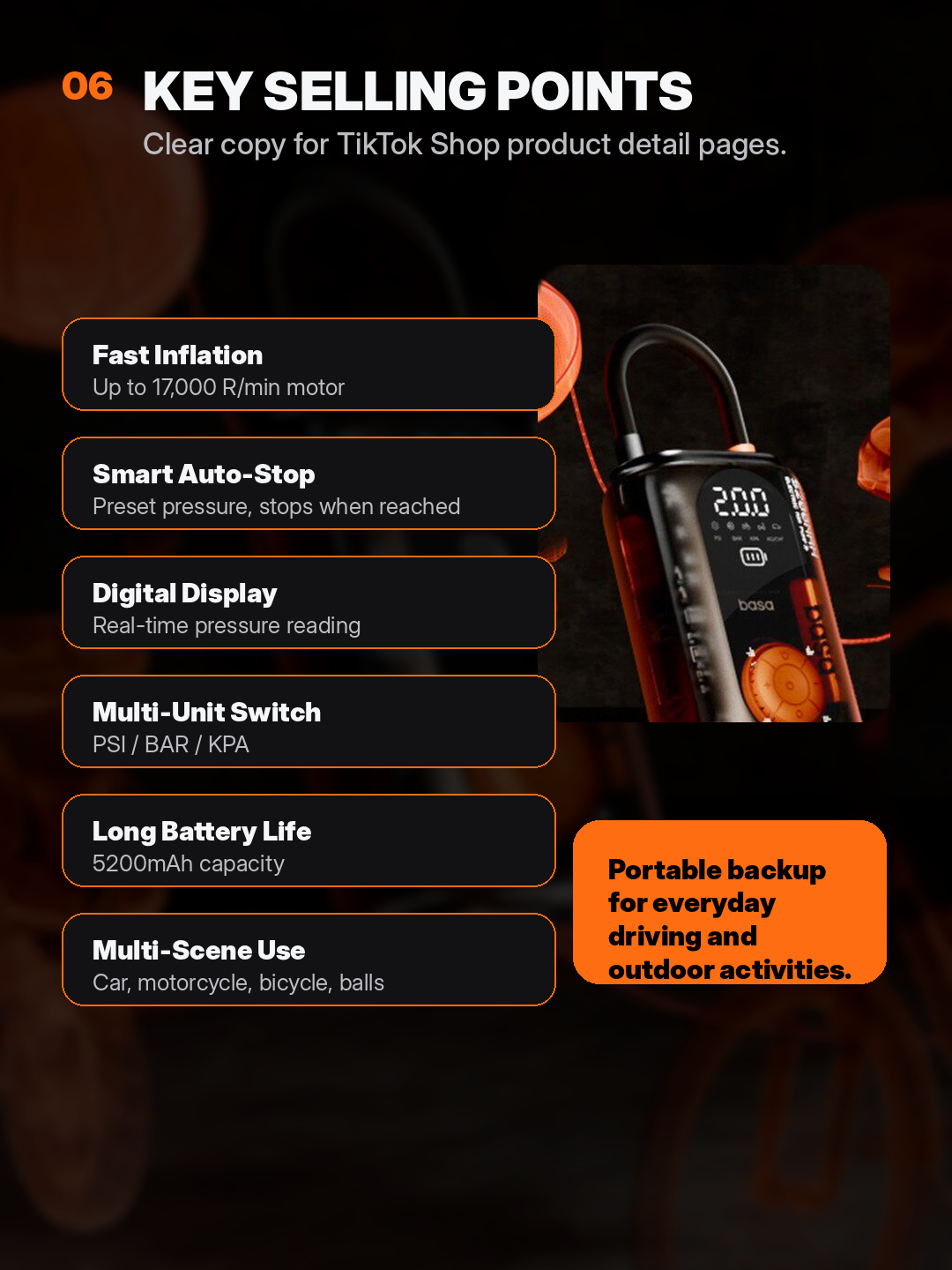 basa 5200mAh Cordless Tire Inflator | Portable Air Compressor for Car, Bike & Sports Balls