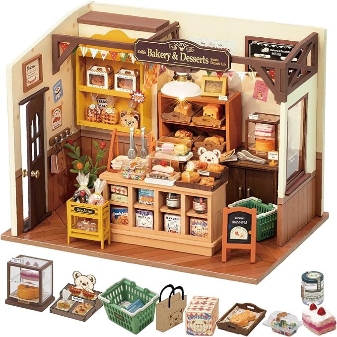 Rolife DIY Miniature Doll House Kit, Build Becka's Bakery Diorama House Building Set with LED Room Hobby Craft for Aduls Uniue Gifts for Teens