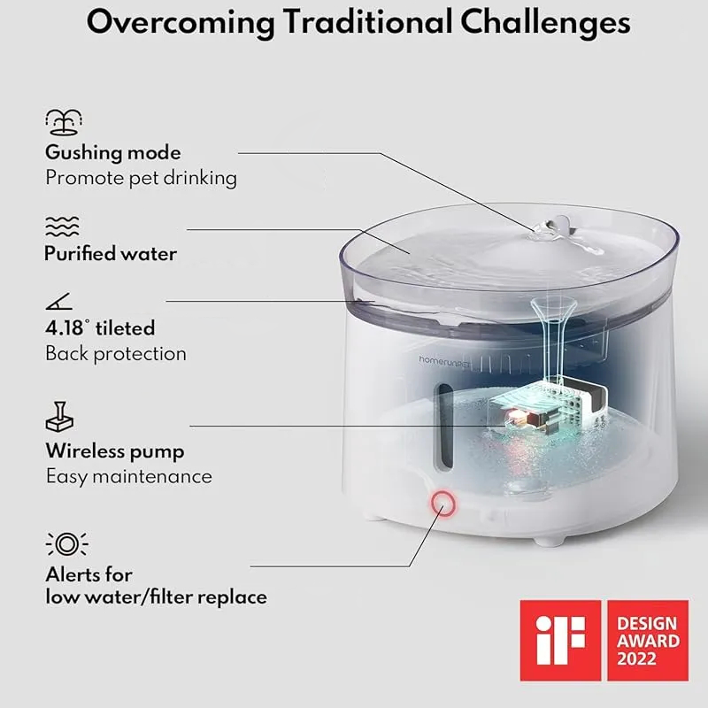 Silent Cat Water Fountain, HomeRunPet Pet Fountain with Wireless-Pump, Small-Dog Water Dispenser, Dual Mode, Quick Assembly & Easy-Clean, Filters Included, 68 oz/2L