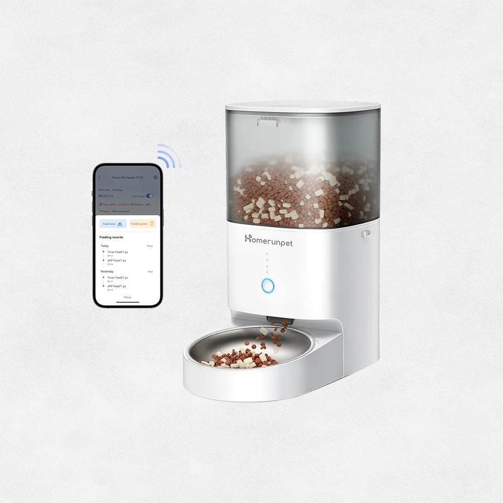 Homerunpet Smart Automatic Cat Feeder - WiFi & Bluetooth, Custom Timed Feeding, 30-Day Freshness for Dry Food, 1-20 Portions per Meal, 304 Stainless Steel Bowl