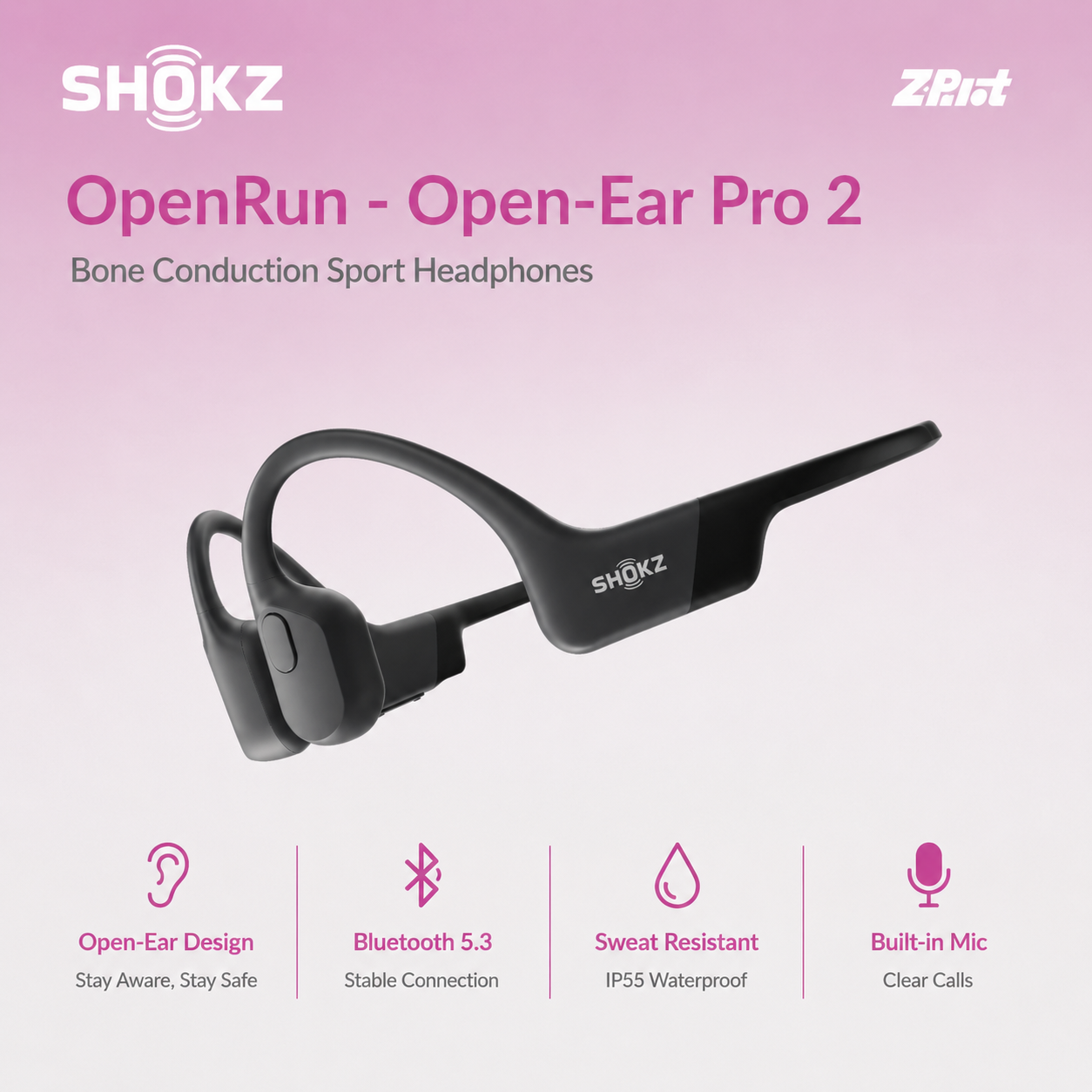 SHOKZ OpenRun - Open-Ear pro 2 Bluetooth Bone Conduction Sport Headphones, Sweat Resistant Wireless Earphones for Workouts and Running, Built-in Mic, with Hair Band