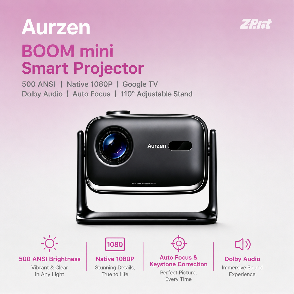 Aurzen BOOM mini Smart Projector, 500 ANSI Native 1080P Google TV Projector with Dolby Audio, Auto Focus, Keystone Correction & 110° Adjustable Stand for Home Cinema and Outdoor Movies