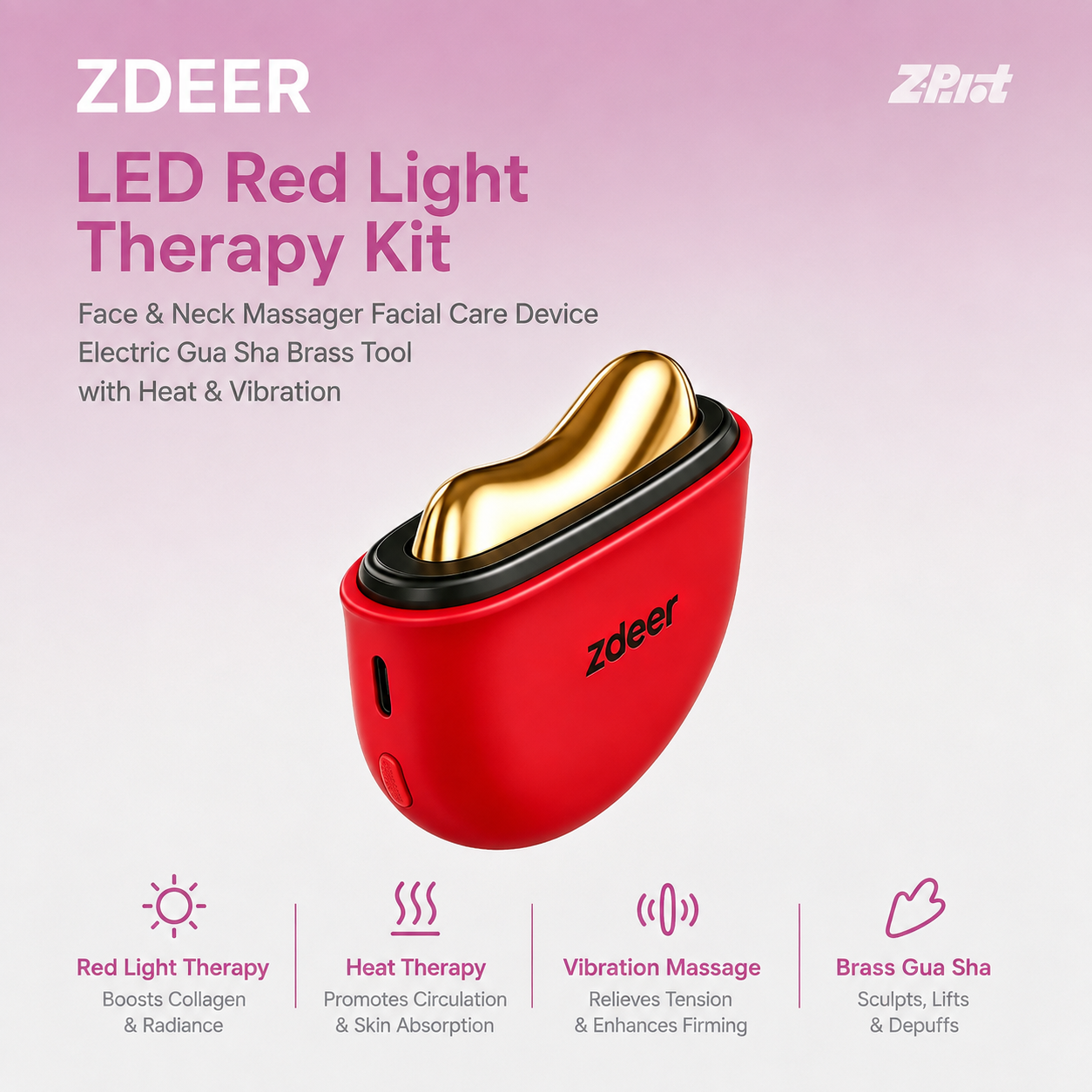 ZDEER LED Red Light Therapy Kit for Face & Neck Massager Facial Care Device – Electric Gua Sha Brass Tool with Heat & Vibration for Firming, Sculpting & Skincare