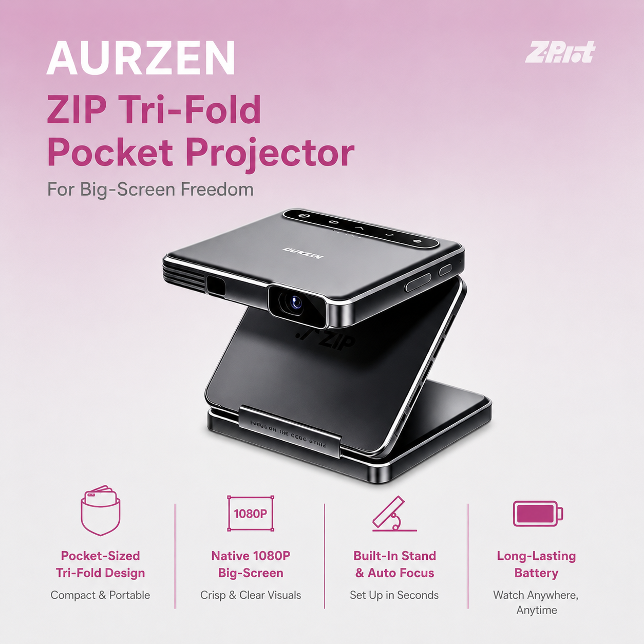 AURZEN ZIP Tri-Fold Pocket Projector for Big-Screen Freedom