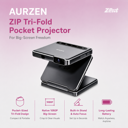 AURZEN ZIP Tri-Fold Pocket Projector for Big-Screen Freedom