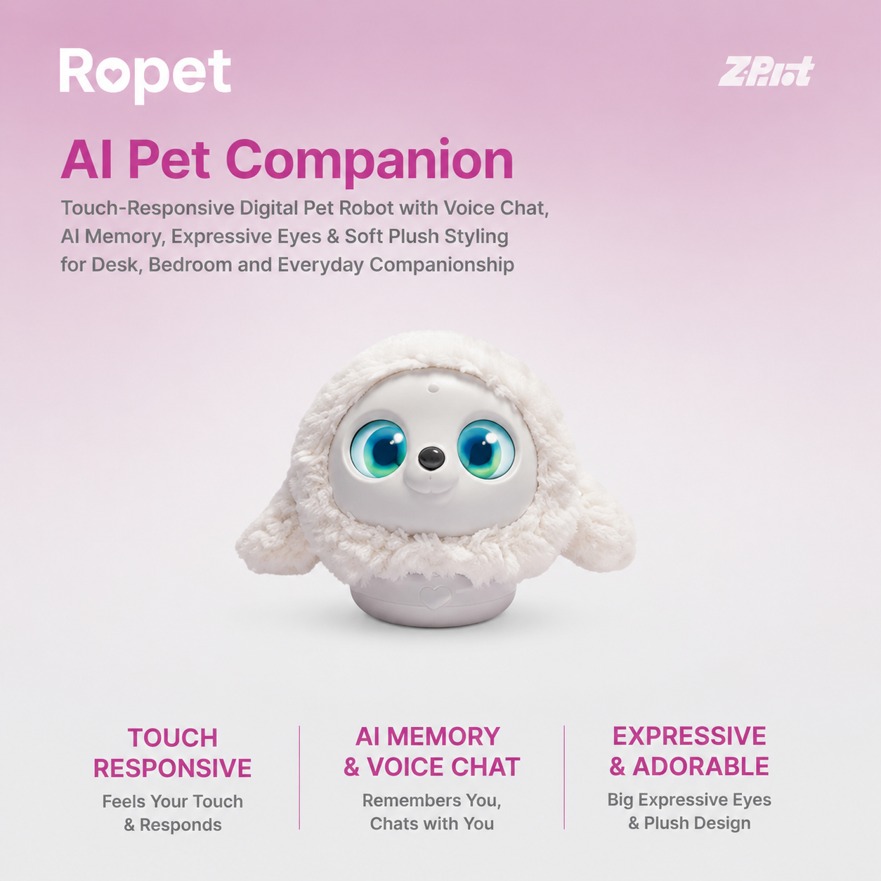 Ropet AI Pet Companion, Touch-Responsive Digital Pet Robot with Voice Chat, AI Memory, Expressive Eyes & Soft Plush Styling for Desk, Bedroom and Everyday Companionship