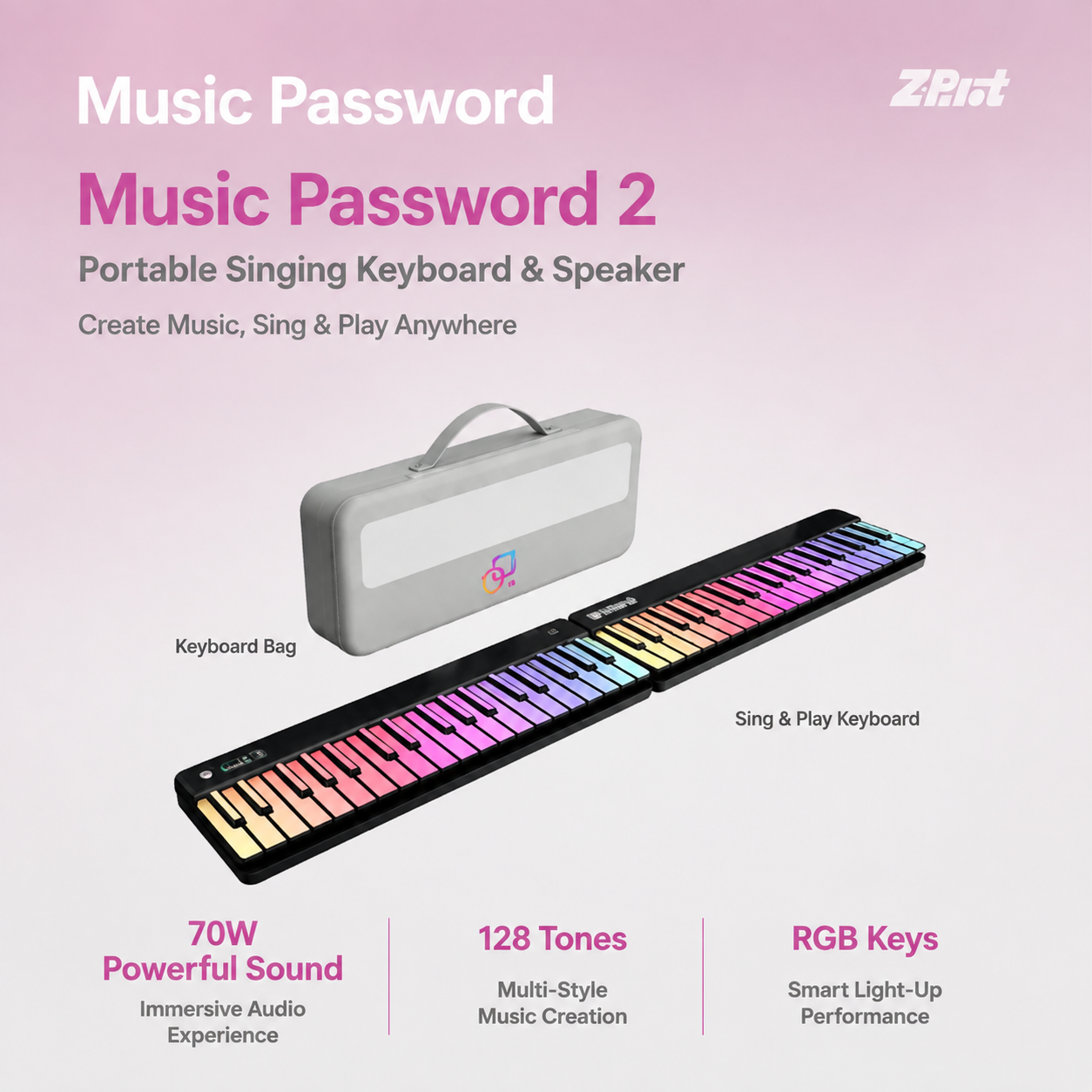 Music Password 2 Portable Singing Keyboard & Speaker Set | 70W Bluetooth Speaker with 128 Tones & RGB Keys