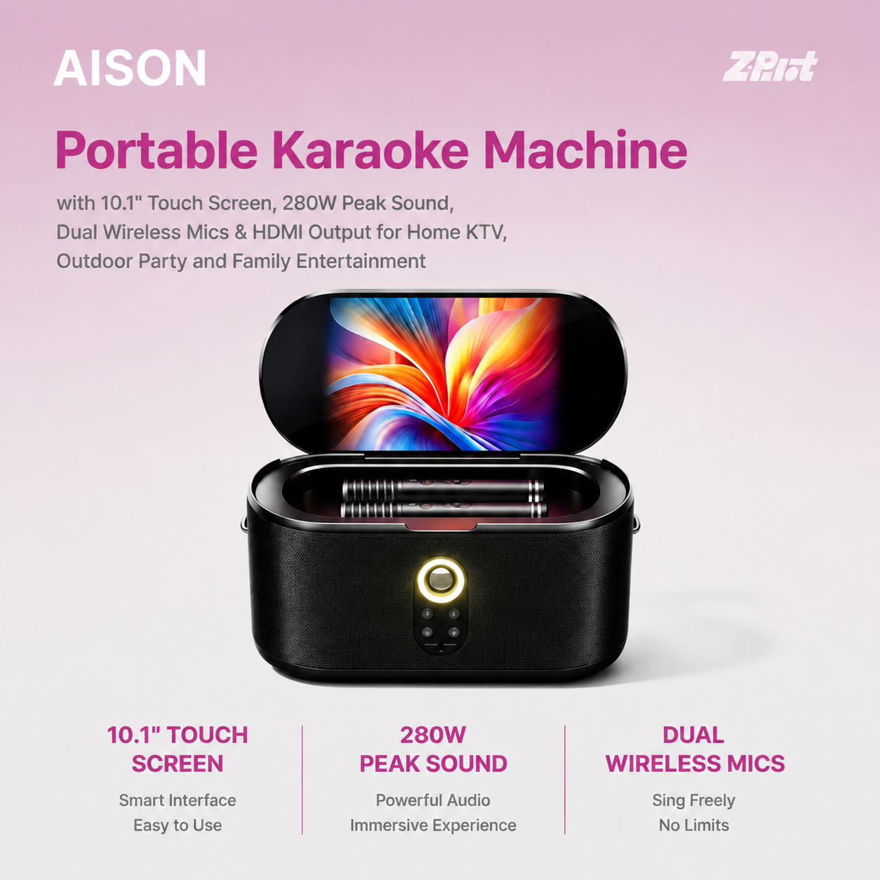 AISON Portable Karaoke Machine with 10.1” Touch Screen, 280W Peak Sound, Dual Wireless Mics & HDMI Output for Home KTV, Outdoor Party and Family Entertainment
