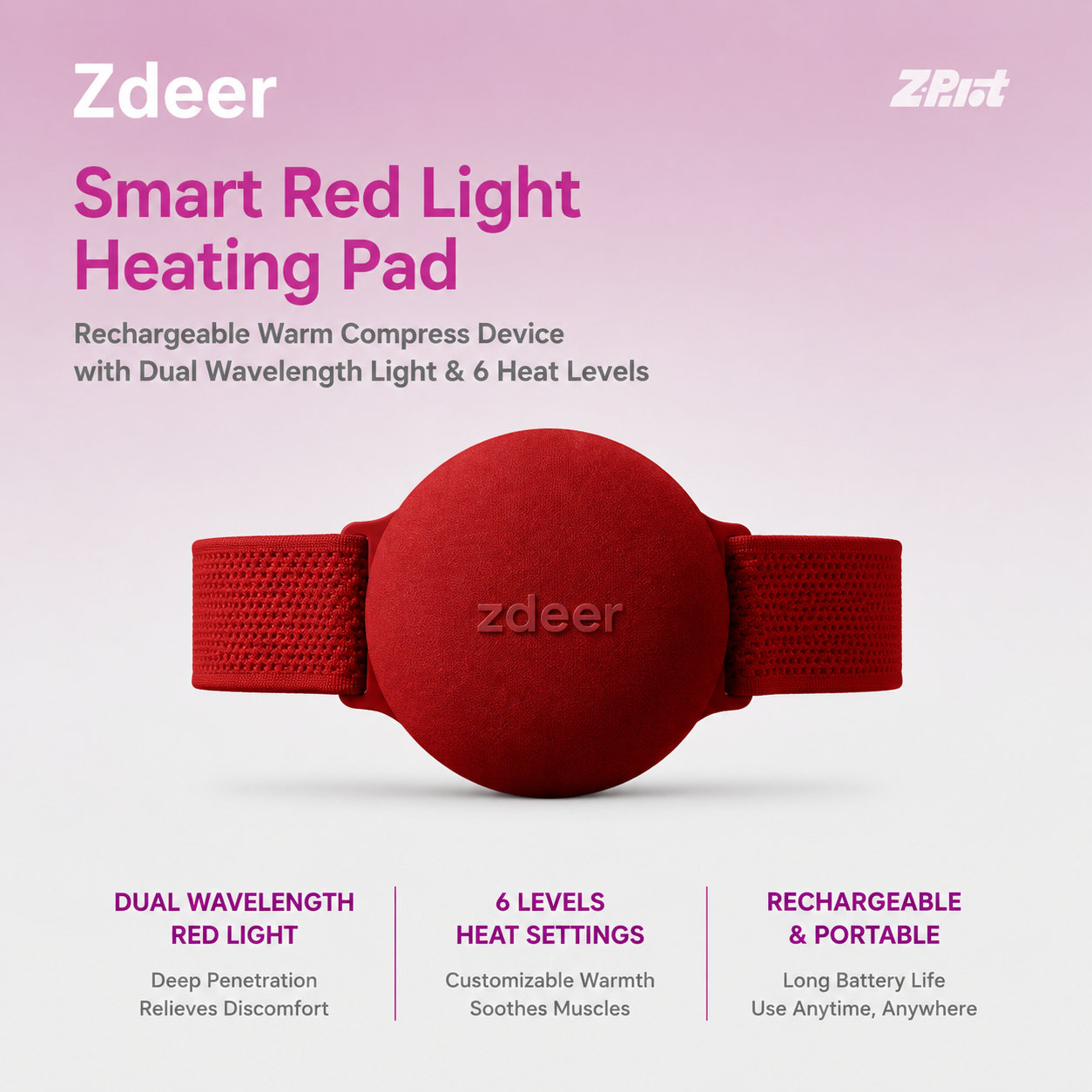 Zdeer Smart Red Light Heating Pad, Rechargeable Warm Compress Device with Dual Wavelength Light & 6 Heat Levels
