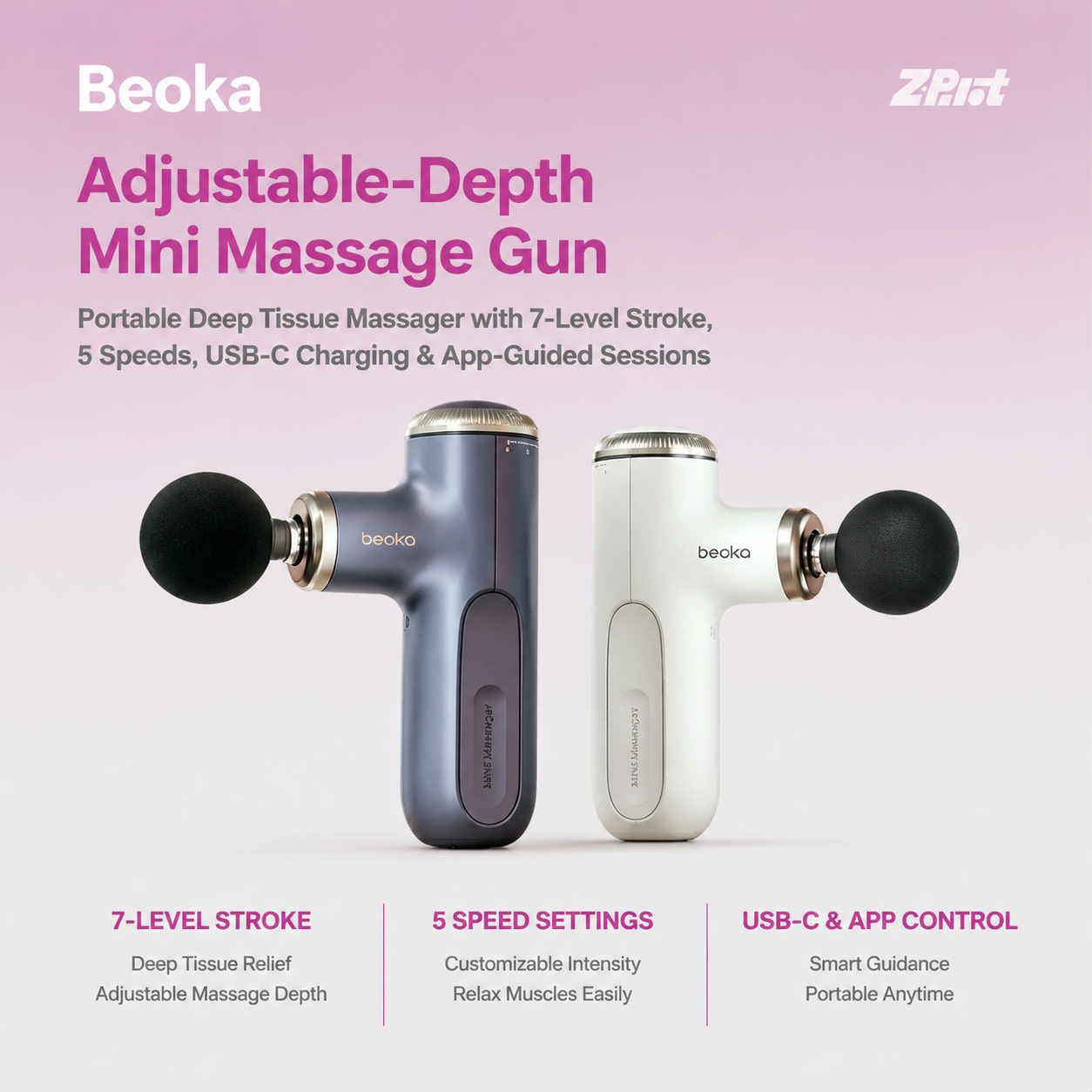 Beoka Adjustable-Depth Mini Massage Gun, Portable Deep Tissue Massager with 7-Level Stroke, 5 Speeds, USB-C Charging & App-Guided Sessions