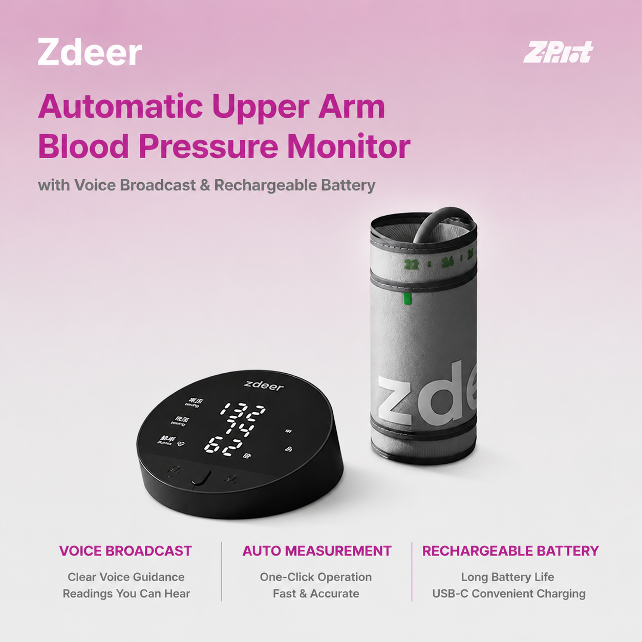 Zdeer Automatic Upper Arm Blood Pressure Monitor with Voice Broadcast & Rechargeable Battery