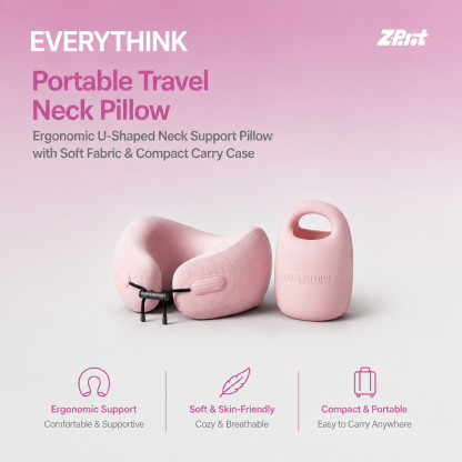 EVERYTHINK Portable Travel Neck Pillow, Ergonomic U-Shaped Neck Support Pillow with Soft Fabric & Compact Carry Case
