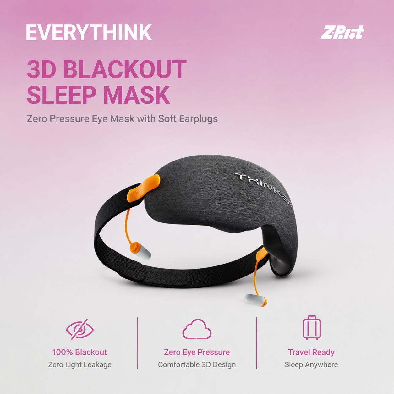 EVERYTHINK 3D Blackout Sleep Mask with Soft Earplugs, Zero Pressure Eye Mask for Side Sleepers, Travel, Flights, Naps & Office Rest