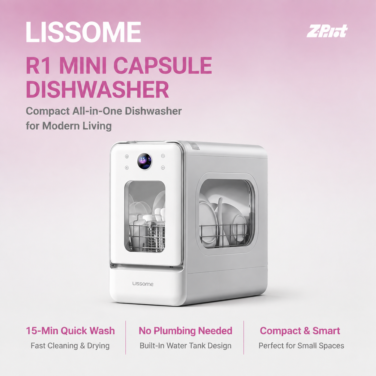 LISSOME R1 Mini Capsule Dishwasher-A compact, all-in-one dishwasher designed for modern living. Wash and dry your dishes in as little as 15 minutes—no plumbing required.