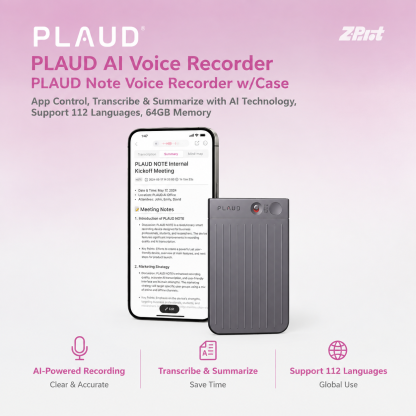 PLAUD AI Voice Recorder, PLAUD Note Voice Recorder w/Case, App Control, Transcribe & Summarize with AI Technology, Support 112 Languages, 64GB Memory, Audio Recorder for Lecture, Meeting