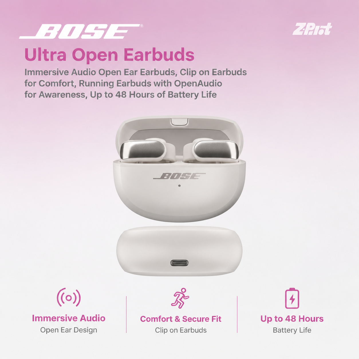 Bose Ultra Open Earbuds, Immersive Audio Open Ear Earbuds, Clip on Earbuds for Comfort, Running Earbuds with OpenAudio for Awareness, Up to 48 Hours of Battery Life