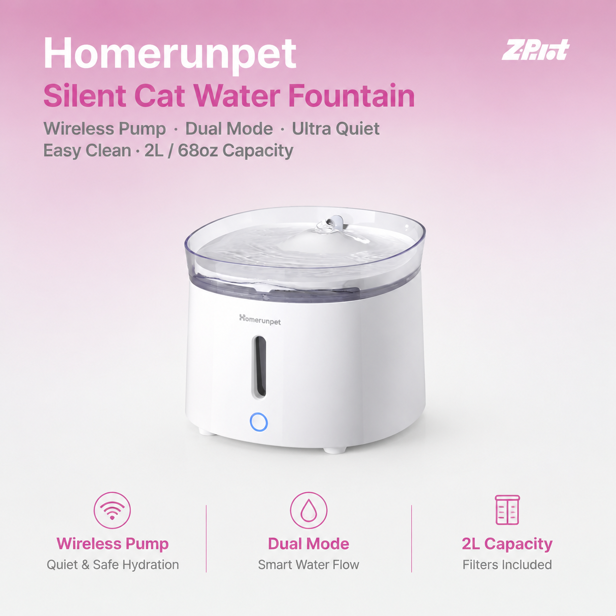 Homerun pet Silent Cat Water Fountain, HomeRunPet Pet Fountain with Wireless-Pump, Small-Dog Water Dispenser, Dual Mode, Quick Assembly & Easy-Clean, Filters Included, 68 oz/2L